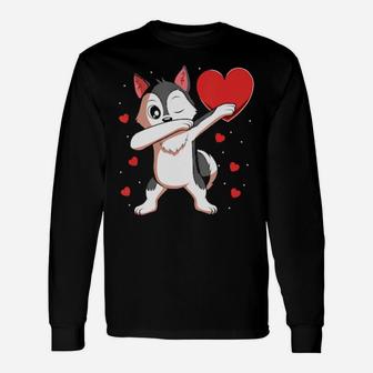 Dabbing Siberian Husky Heart Valentines Day Long Sleeve T-Shirt - Monsterry DE