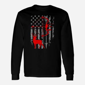 Deer Hunting American Flag Bow Hunting Hoodie For Hunter Long Sleeve T-Shirt - Thegiftio