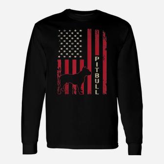 Distressed Retro Usa American Flag Pitbull Dog Long Sleeve T-Shirt - Monsterry