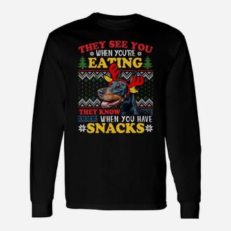 Doberman Ugly Xmas Sweatshirt They See You're Eating Sweatshirt Unisex Long Sleeve | Crazezy