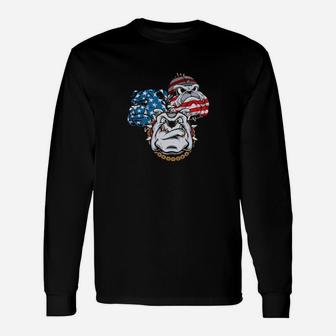 Dog 4Th Of July Bulldog Dog With Us Flag Background Dog Father Long Sleeve T-Shirt - Monsterry
