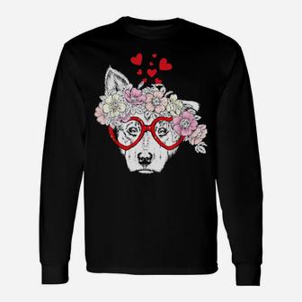 Dog Puppy Sunglasses Flowers Heart Cute Dog Valentine Classic Women Long Sleeve T-Shirt - Monsterry