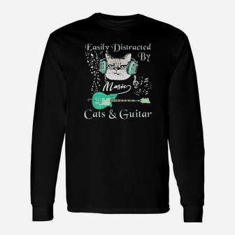 Easily Distracted By Music Cats And Guitar Long Sleeve T-Shirt - Monsterry UK