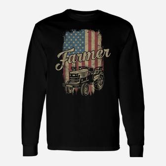 Farmer American Flag Retro Farming Tractor Usa Patrioticic Unisex Long Sleeve | Crazezy CA