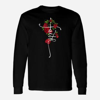 Floral Faith, Faith Vertical Cross, Jesus Christian Flowers Long Sleeve T-Shirt - Monsterry