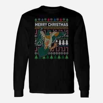 Flying Mallard Duck Merry Christmas Ugly Xmas Design Sweatshirt Unisex Long Sleeve | Crazezy DE
