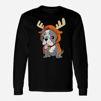 French Bulldog Dressed As Reindeer Dogs Xmas Long Sleeve T-Shirt - Monsterry
