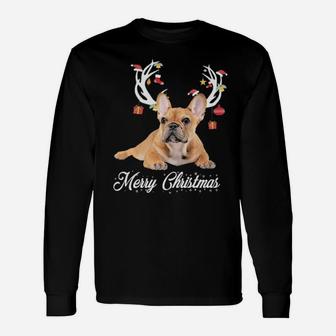 French Bulldog Reindeer Horns Merry Xmas Dog Lover Long Sleeve T-Shirt - Monsterry