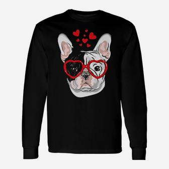 French Bulldog Sunglasses Heart Cute Dog Valentine Long Sleeve T-Shirt - Monsterry