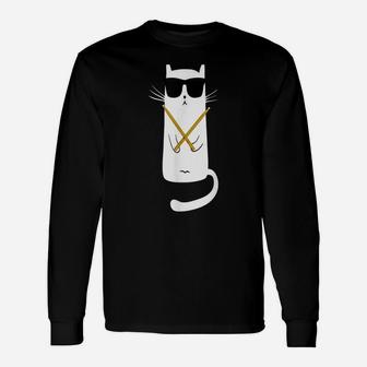 Funny Cat Wearing Sunglasses Playing Drums Drummers Unisex Long Sleeve | Crazezy UK