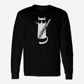 Funny Cat Wearing Sunglasses Playing Flute Unisex Long Sleeve | Crazezy