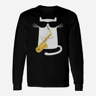 Funny Cat Wearing Sunglasses Playing Saxophone Gift Unisex Long Sleeve | Crazezy UK