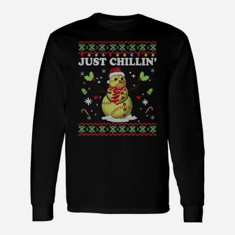 Funny Chillin' Snowman Softball Ball Ugly Christmas Sweater Sweatshirt Unisex Long Sleeve | Crazezy AU