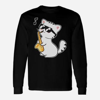 Funny Cool Cat Wearing Sunglasses Playing Saxophone Day Gift Unisex Long Sleeve | Crazezy DE