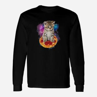 Funny Galaxy Cat Space Cat Eat Pizza And Taco Unisex Long Sleeve | Crazezy