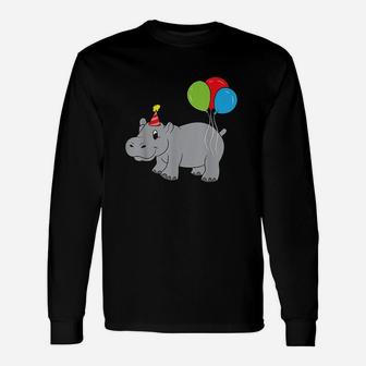 Funny Hippo With Balloon Birthday Hippo Unisex Long Sleeve | Crazezy