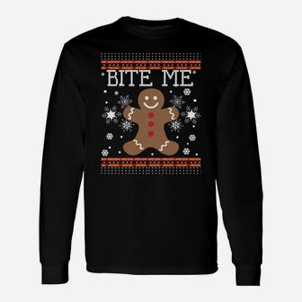 Funny Ugly Christmas Sweater Gingerbread Man-Bite Me Sweatshirt Unisex Long Sleeve | Crazezy