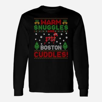 Funny Warm Snuggles Ugly Boston Terrier Christmas Sweatshirt Unisex Long Sleeve | Crazezy CA