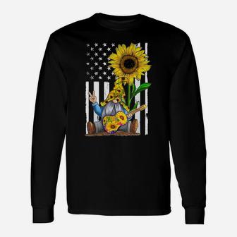Gnome Playing Guitar Sunflower Hippie Gnomes American Flag Unisex Long Sleeve | Crazezy AU