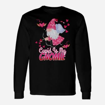 Gnomes Cupid Is My Gnomie Valentines Day Hearts Gnome Long Sleeve T-Shirt - Monsterry