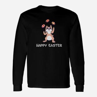 Happy Easter With Eggs And Rabbit Bunny Long Sleeve T-Shirt - Thegiftio