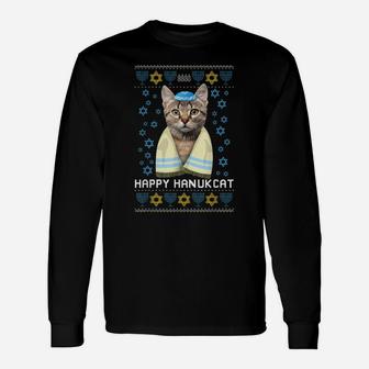 Happy Hanukcat Ugly Hanukkah Sweater Cat Animal Lovers Gifts Unisex Long Sleeve | Crazezy UK