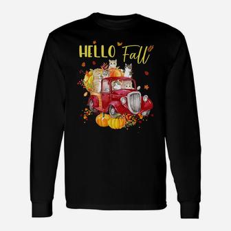 Hello Fall Truck Pumpkin Funny Cat Kitties Thanksgiving Day Unisex Long Sleeve | Crazezy UK