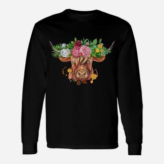 Highland Cow Scottish Coo Cow Lover Farm Animal Floral Unisex Long Sleeve | Crazezy