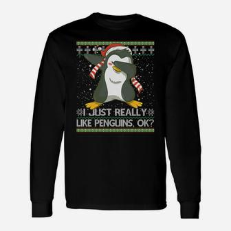 I Just Really Like Penguins Ok Ugly Christmas Cute Sweatshirt Unisex Long Sleeve | Crazezy CA