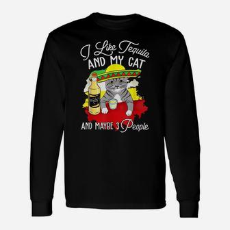I Like Tequila And My Cat Funny Drinking Animal Lovers Tees Unisex Long Sleeve | Crazezy CA