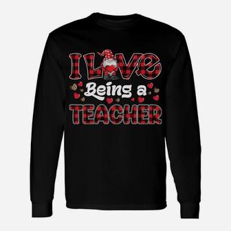 I Love Being Teacher Red Plaid Hearts Gnome Valentine's Day Unisex Long Sleeve | Crazezy