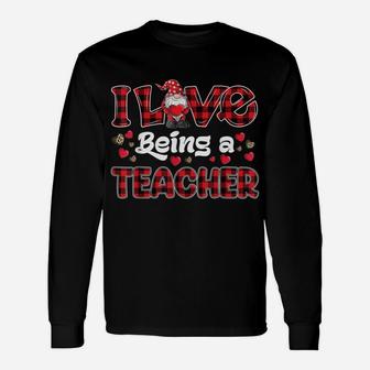 I Love Being Teacher Red Plaid Hearts Gnome Valentine's Day Unisex Long Sleeve | Crazezy DE