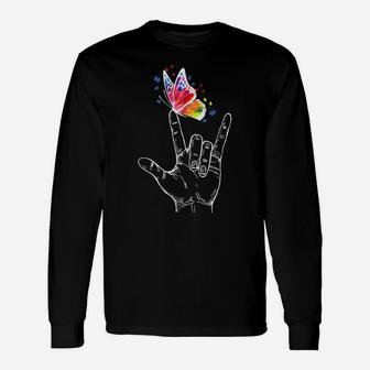 I Love You Hand Sign Language Butterfly Autism Awareness Unisex Long Sleeve | Crazezy