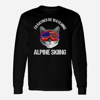 Id Rather Be Watching Alpine Skiing American Flag Cat Long Sleeve T-Shirt - Thegiftio UK