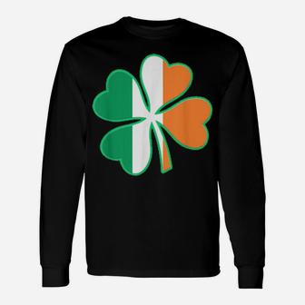Irish Flag Colors Lucky Four Leaf Clover St Patricks Day Long Sleeve T-Shirt - Monsterry