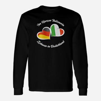 Italiener im Herzen Langarmshirts, Schwarz mit Italien-Farben Herzen - Seseable