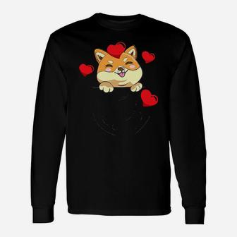 Japanese Dog Shiba Inu Pocket And Heart Valentines Day Long Sleeve T-Shirt - Monsterry DE