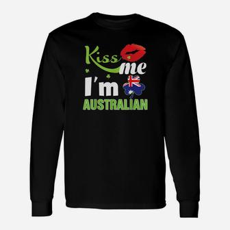 Kiss Me I'm Australian St Patrick Day Shamrock Clover Flag Long Sleeve T-Shirt - Monsterry