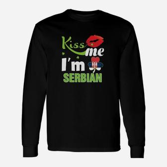 Kiss Me Im Serbian St Patrick Day Shamrock Clover Flag Long Sleeve T-Shirt - Monsterry