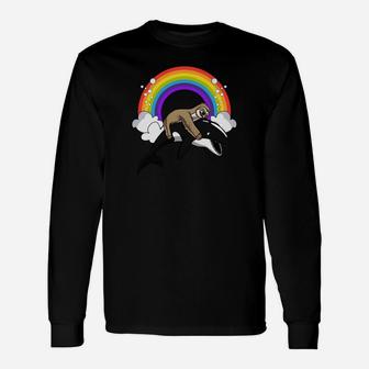 Lazy Sloth Riding Orca Killer Whale Rainbow Hoodie Long Sleeve T-Shirt - Thegiftio
