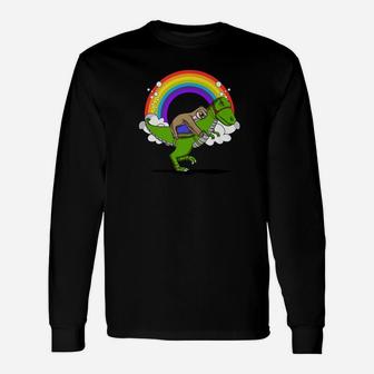 Lazy Sloth Riding Trex Dinosaur Rainbow Long Sleeve T-Shirt - Thegiftio UK
