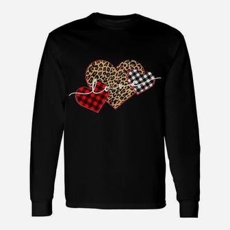 Leopard Print Buffalo Plaid Love Valentines Day Hearts Long Sleeve T-Shirt - Monsterry UK