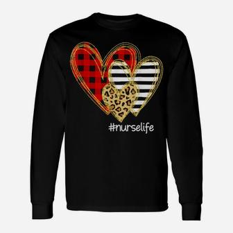 Leopard Red Plaid Striped Hearts Nurse Life Valentine's Day Long Sleeve T-Shirt - Monsterry