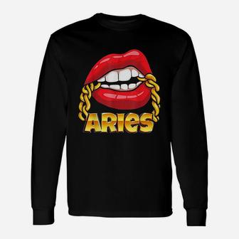 Lips Gold Chain Aries Zodiac Sign Unisex Long Sleeve | Crazezy