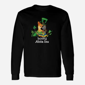 Lucky Akita Inu Dog Leprechaun Shamrock St Patrick Day Happy Long Sleeve T-Shirt - Monsterry