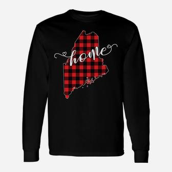 Maine Me State Outline Home Christmas Red Buffalo Plaid Gift Unisex Long Sleeve | Crazezy