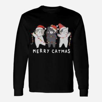 Merry Catmas Meowy Cutes Three Cat Santa Hat Christmas Sweatshirt Unisex Long Sleeve | Crazezy CA