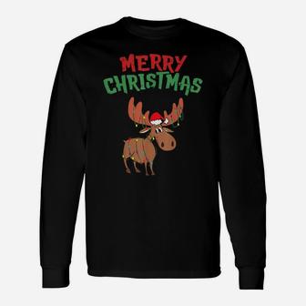 Merry Christmoose Christmas Xmas Moose Santa Hat Moose Sweatshirt Unisex Long Sleeve | Crazezy AU