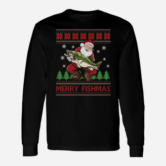 Merry Fishmas Santa Fishing Ugly Christmas Sweater Style Unisex Long Sleeve | Crazezy CA