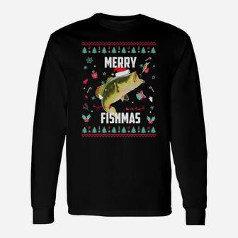 Merry Fishmas Ugly Christmas Bass Santa Hat Christmas Pajama Sweatshirt Unisex Long Sleeve | Crazezy